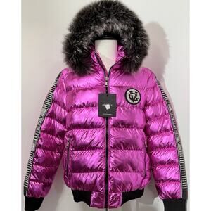 NEW Avenue George V Paris Puffer Jacket Hooded Fur Rhinestone Pink LARGE $650